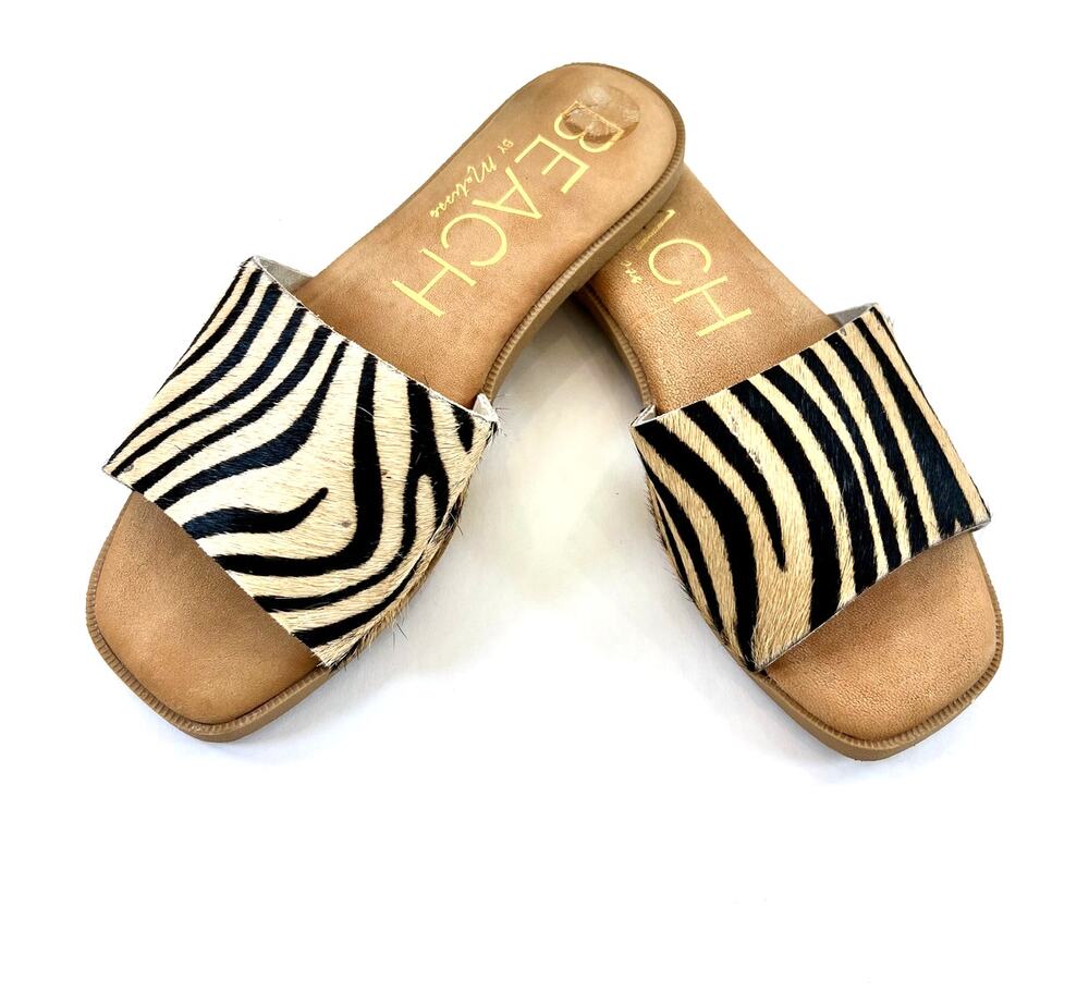 BEACH by Matisse Cabana Slide Sandals - Zebra Calf Hair Animal Print - Size 7